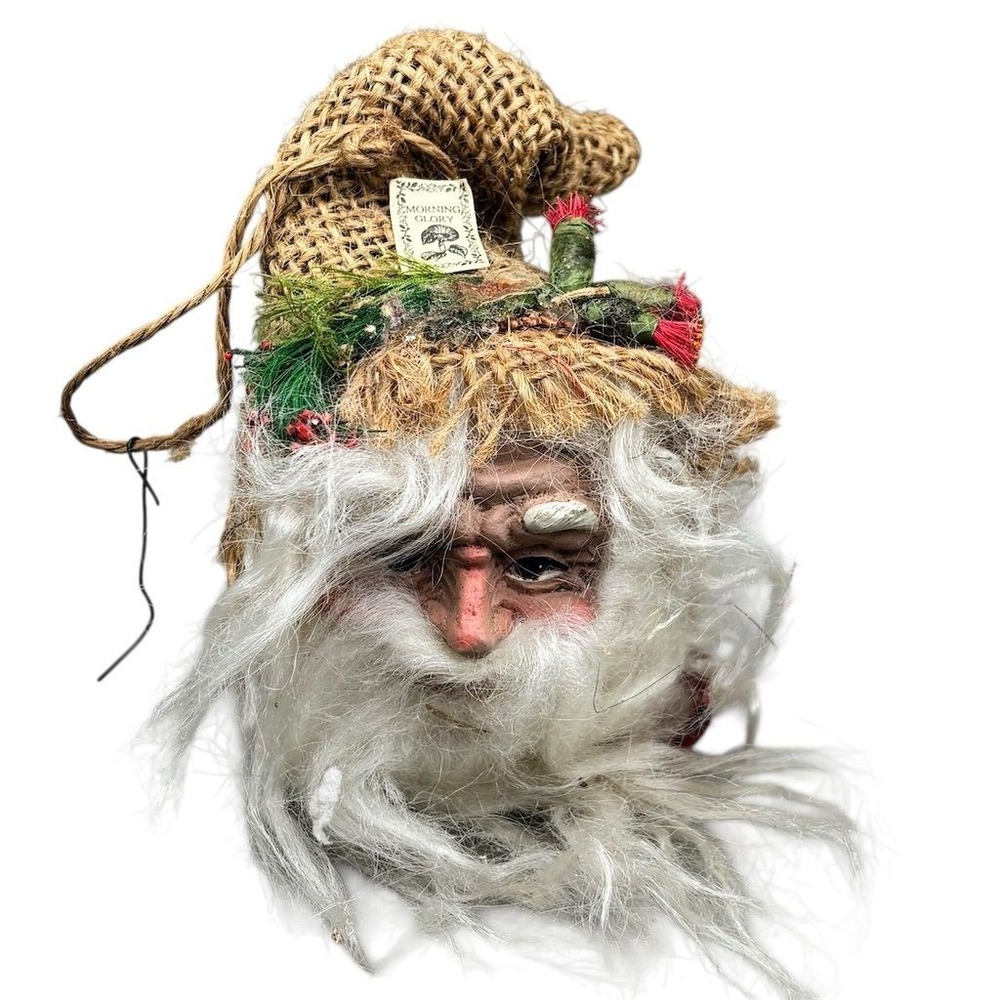 Rustic‎ Santa Claus Head Ornament with Raffia Hat & Cactus Decor